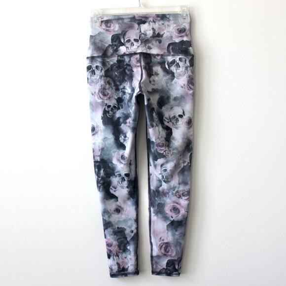 Grey Light Purple Skull Smoke Flower Tight Leggings Small - Picture 3 of 5